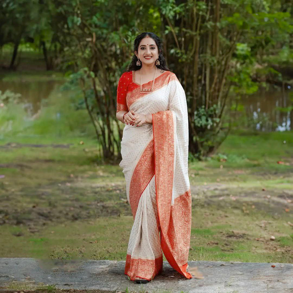 NXwear Premium Banarasi Silk Saree White Red Heavy Zari Border Pallu Wedding Festive Wear With Blouse