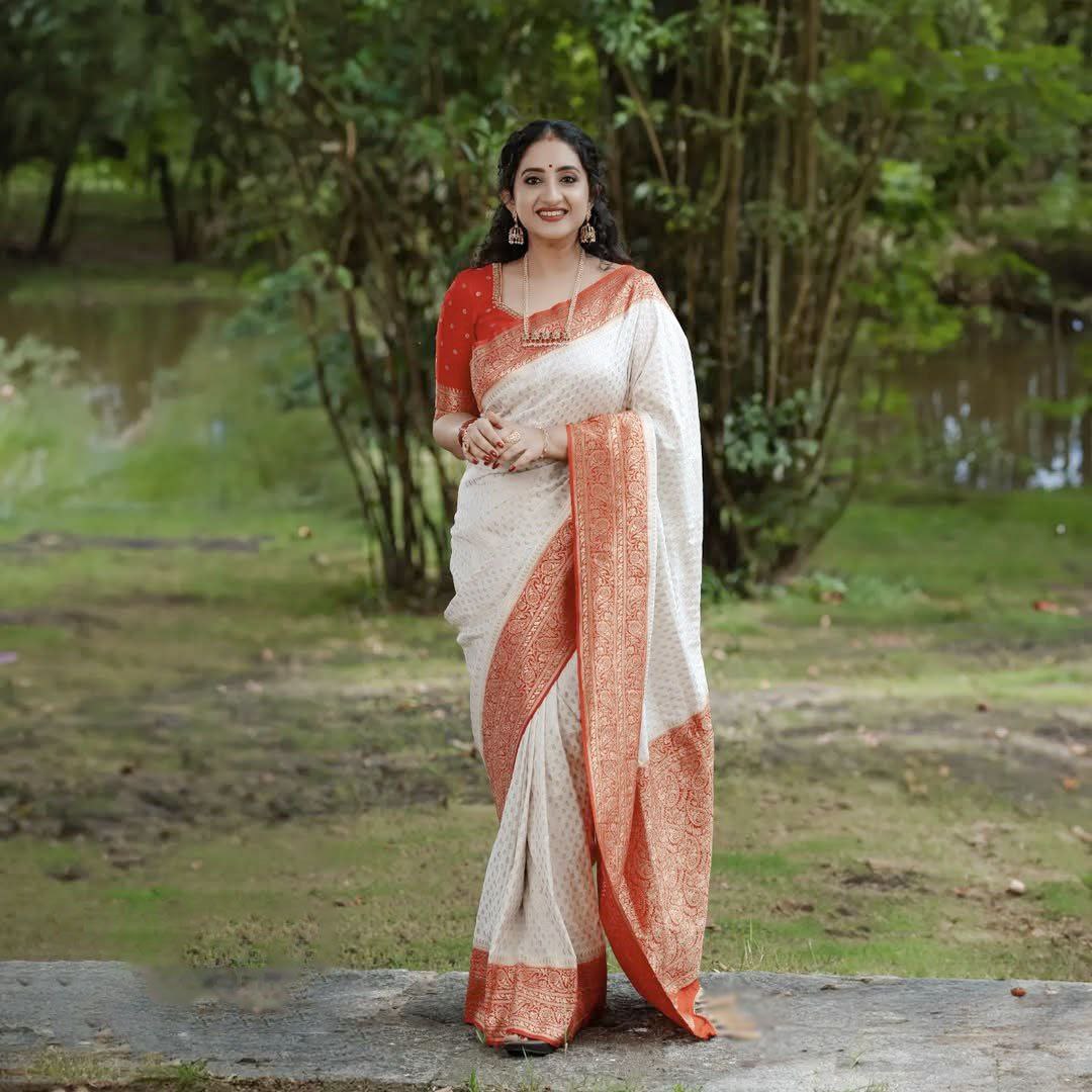 NXwear Premium Banarasi Silk Saree White Red Heavy Zari Border Pallu Wedding Festive Wear With Blouse