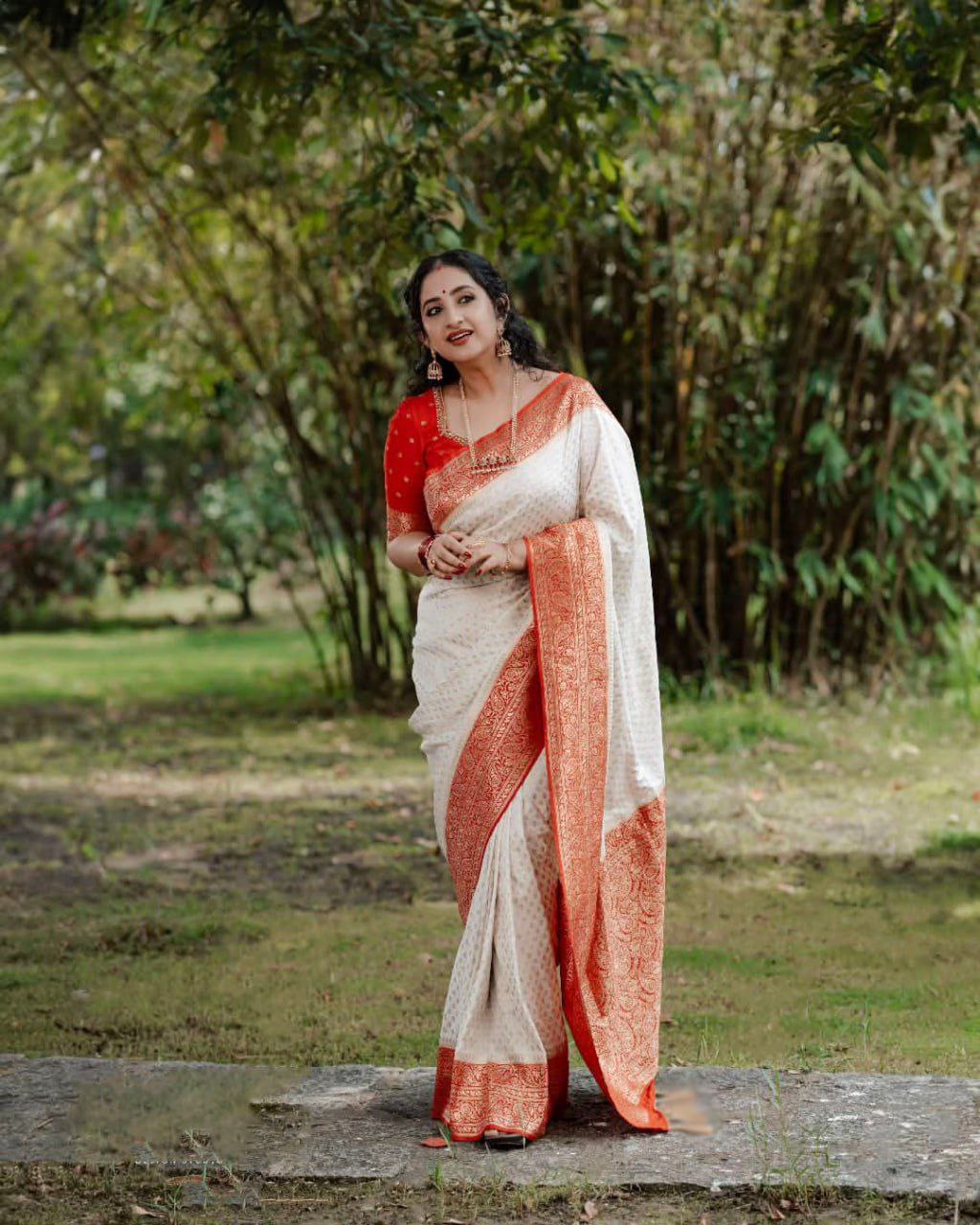 NXwear Premium Banarasi Silk Saree White Red Heavy Zari Border Pallu Wedding Festive Wear With Blouse