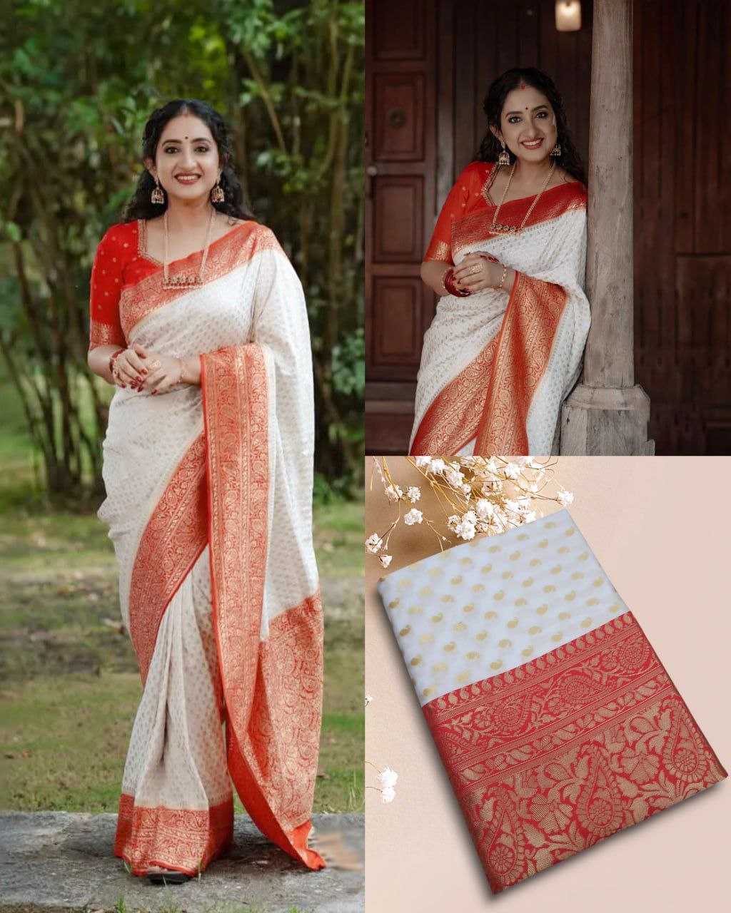 NXwear Premium Banarasi Silk Saree White Red Heavy Zari Border Pallu Wedding Festive Wear With Blouse