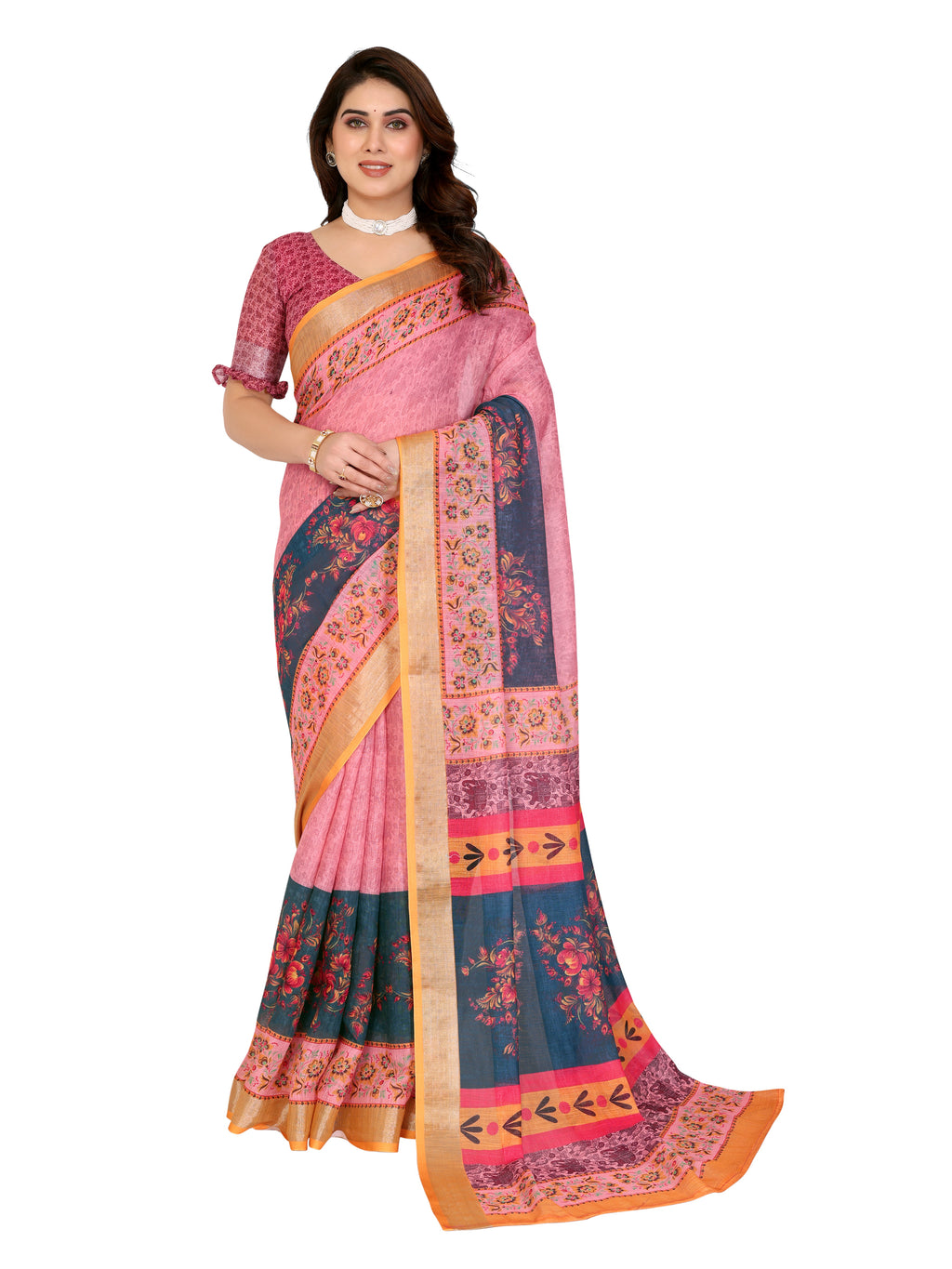 Linen Saree with Contrast Border | Casual & Office Wear
