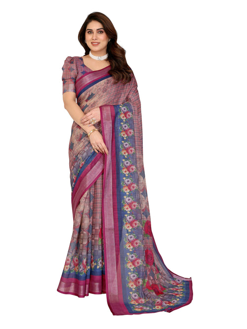 NxWear Fashion floral printed saree with embellished border in pink, blue, and beige. Lightweight fabric drapes elegantly.