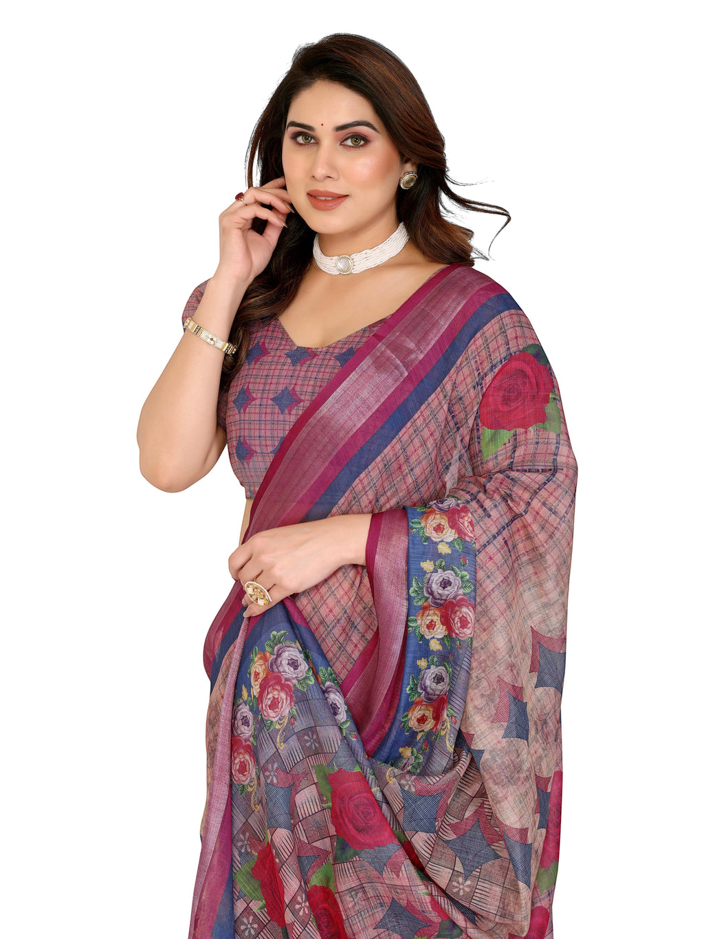 NxWear Fashion floral printed saree with embellished border in pink and blue hues. Lightweight fabric drapes elegantly.