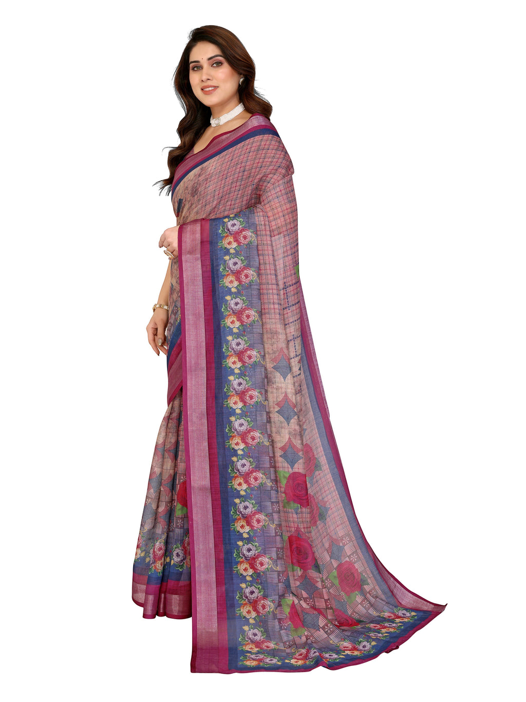 NxWear Fashion floral printed saree with embellished border in pink and blue hues, featuring a lightweight fabric and traditional motifs.
