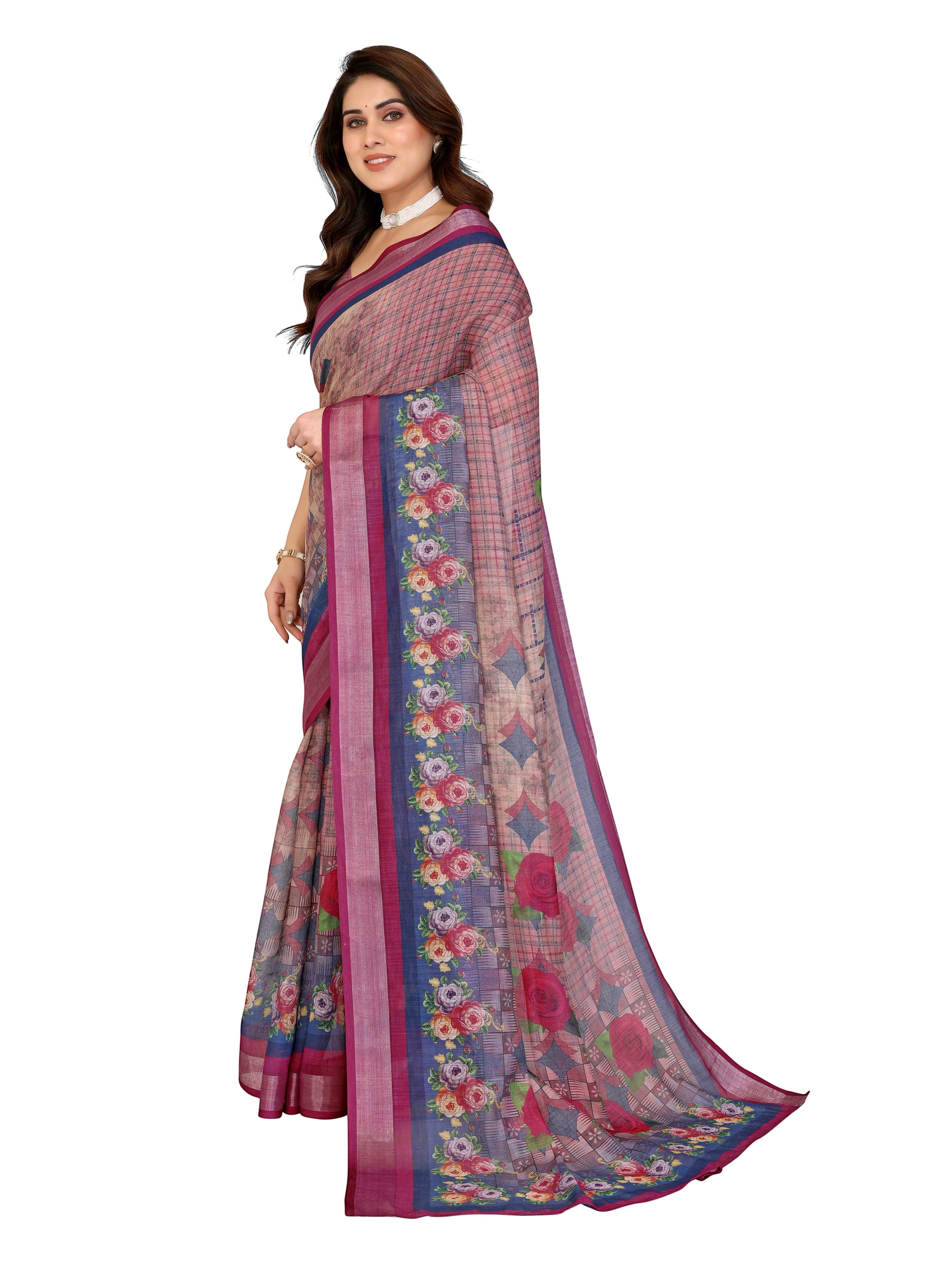 NxWear Fashion floral printed saree with embellished border in pink and blue hues, featuring a lightweight fabric and traditional motifs.