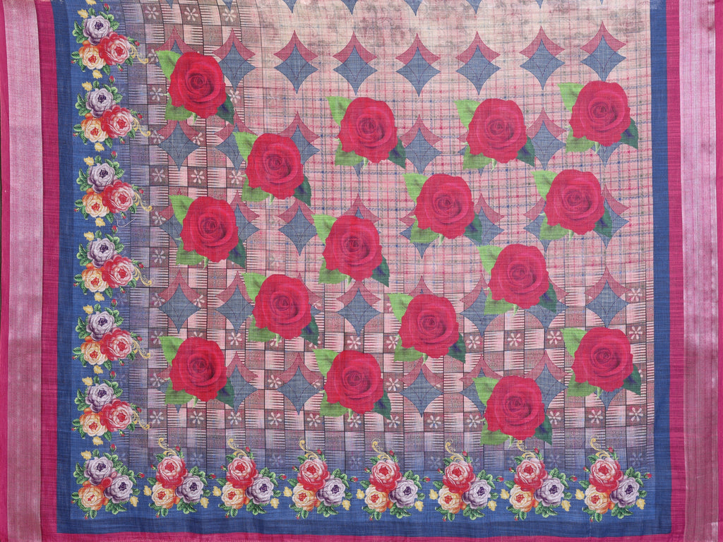 NxWear Fashion floral printed saree with embellished border in pink and blue hues, featuring red roses and a checkered pattern.