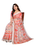 NxWear Fashion orange linen saree with intricate paisley and floral print, featuring a contrasting border. Model wears pearl necklace.