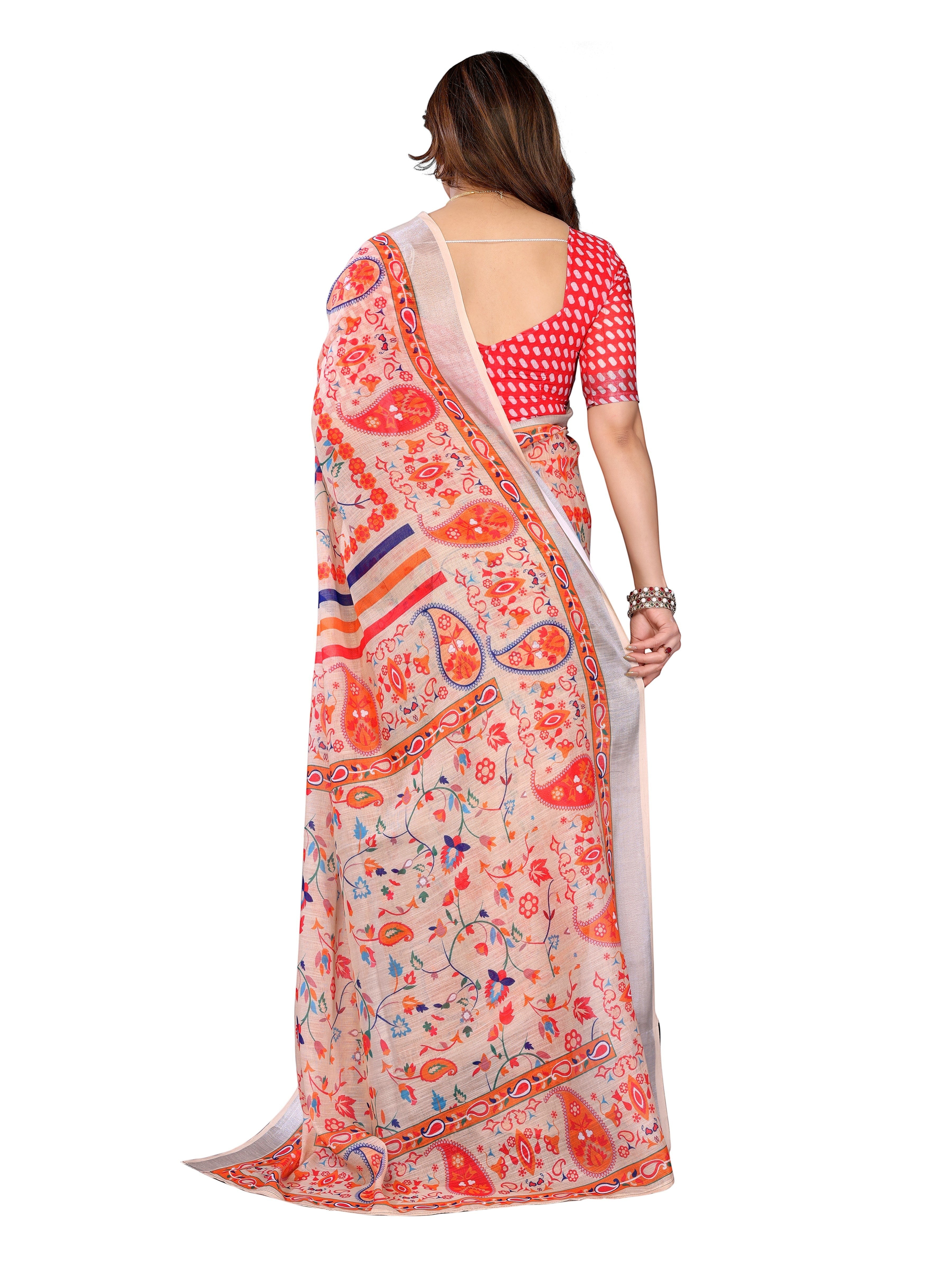 NxWear Fashion cream linen saree with orange paisley and floral print, red polka dot blouse.