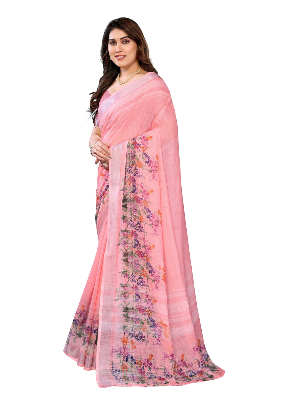 NxWear Fashion peach linen saree with floral border. Model wearing a pearl necklace.