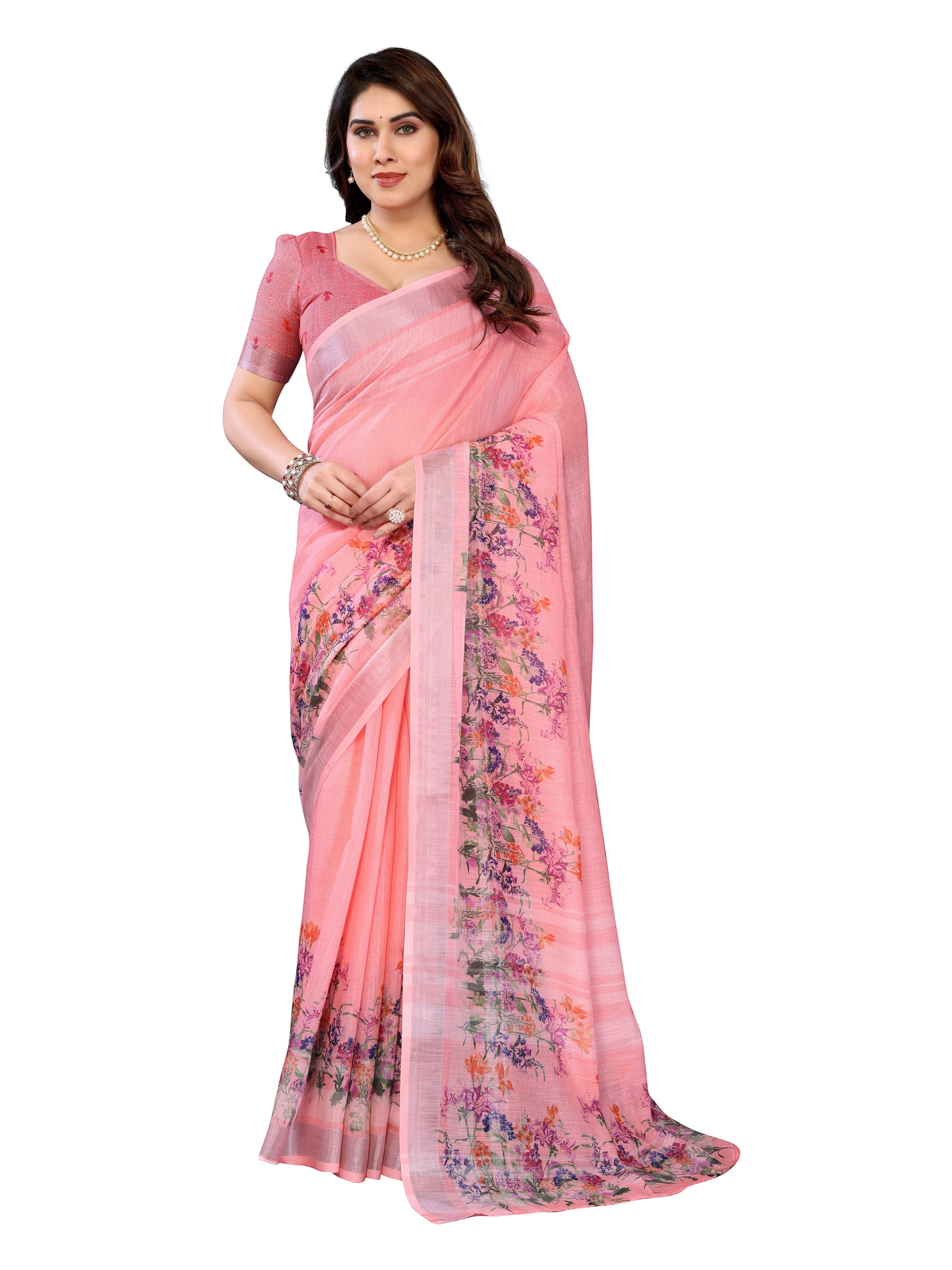 NxWear Fashion peach linen saree with floral border and matching blouse. Elegant ethnic wear.
